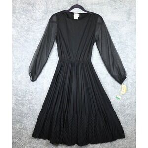 Vtg Amy-Deb Black Pleated Midi Dress Sheer Long Sleeves Accordion Chevron NOS 10
